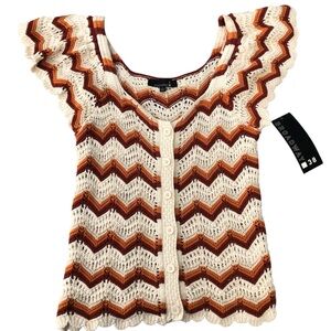 Broadway 38‎ Crochet Knit Button-Down Cardigan Top Chevron Pattern Short Sleeve